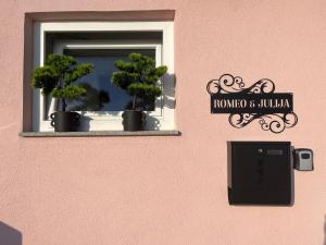 a window with two potted trees on a window sill at Apartment Romeo & Julija, Near terme Olimia, Free Parking in Podčetrtek