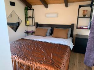 a bedroom with a bed with two mirrors on the wall at Emanuela Chalets in Moshav Ramot