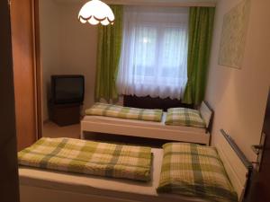 a bedroom with two beds and a window and a tv at Haus Tina Zimmer in Niklasdorf
