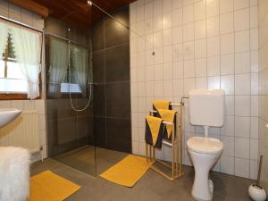 a bathroom with a toilet and a sink and a shower at Apartment in See near Bathing Lake in See