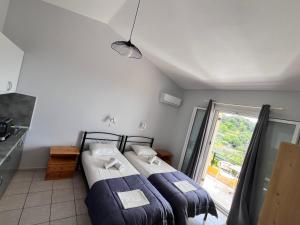 ein Schlafzimmer mit einem Bett und einem großen Fenster in der Unterkunft Asteras Studios in Argostoli