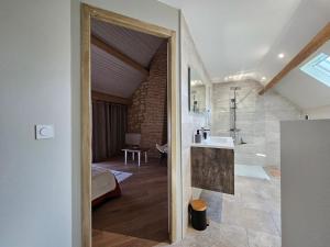a bathroom with a sink and a shower in a room at Les Peupliers in Noyers-sur-Cher +20 photos