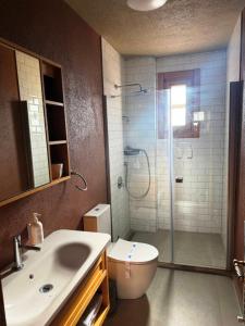 a bathroom with a shower and a toilet and a sink at Bay Nihat Otel Lale in Ayvalık +25 photos
