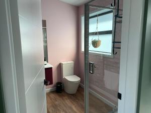 baño con aseo y puerta de ducha de cristal en New two bedroom close to town, en Taupo