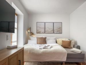 1 dormitorio con 1 cama con sofá y TV en Apartment für 6 - Bergblick, Balkon, Kamin, Kino, Yoga, Parkplatz, en Garmisch-Partenkirchen