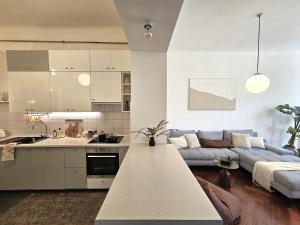 une cuisine et un salon avec un canapé dans l'établissement Design Old Town Aprt - Blue Church & Park - AC, à Bratislava