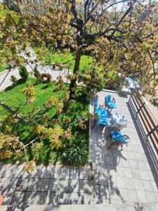 an overhead view of a patio with two blue chairs at Guliban in Kruševo +4 photos