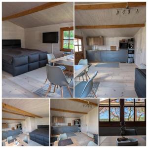a collage of photos of a living room and kitchen at Ferienhaus am See Wutzsee mit direktem Seezugang in Lindow
