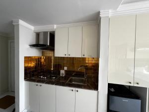 a kitchen with white cabinets and a sink at Effile view studio apartment in Lahore