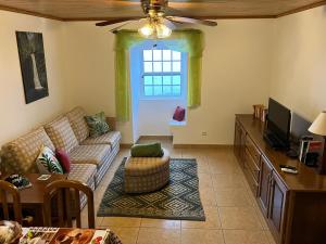 a living room with a couch and a tv at Vistalinda Farmhouse in Fajã dos Vimes