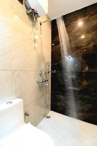 a bathroom with a shower with a toilet in it at Hotel Sai Swastik in Puri