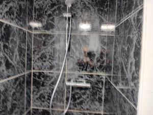 a bathroom with a shower with a hose at chambre studio in Gérardmer