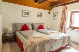 a bedroom with a bed with red pillows at Locanda Poncini in Maggia