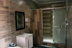 a bathroom with a shower and a toilet and a mirror at Kanyi GuestHouse in Palatswe