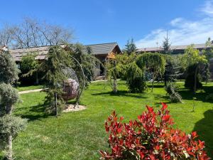 a garden with red flowers and trees in front of a house at Cabana Maya in Corbu