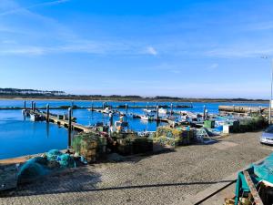 a dock with boats docked in the water at Casa com piscina para 10 pessoas - 5 min da praia Esposende in Esposende
