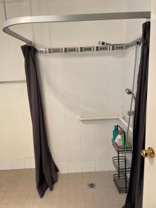 eine Dusche mit Duschvorhang im Bad in der Unterkunft Rest, Relax and Recoup in Lake Albert + 16 Fotos