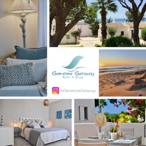 a collage of photos with a bedroom and a beach at Aquamarine - Gemstone Getaway in Vale do Lobo