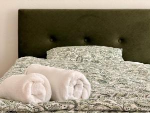 a bed with two towels on top of it at Apartament Mariański in Lądek-Zdrój