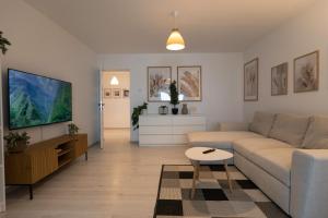 ein Wohnzimmer mit Sofa und Fernseher in der Unterkunft Aquarium Apartament in Buzău