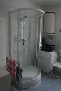 a shower with a glass enclosure in a bathroom at apartment Anna in Wilthen