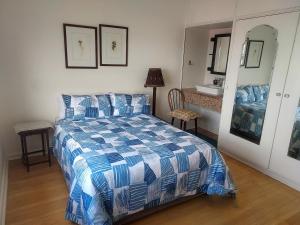 Un dormitorio con una cama con un edredón azul y blanco. en Penrose House Ocean View Villa, en Muizenberg
