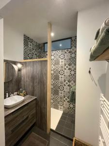 a bathroom with a sink and a shower at Appartement La Couronne Sarlat-La-Canéda in Sarlat-la-Canéda +40 photos