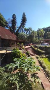 a garden in front of a building with palm trees at Casa de campo zona rural- wifi - lareira - in Gravataí +23 photos