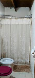 a bathroom with a shower curtain and a toilet at Alojamiento FARAH in Caviahue +15 photos