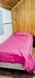 ein rosa Bett in einem Zimmer mit einer Holzwand in der Unterkunft Alojamiento FARAH in Caviahue + 12 Fotos