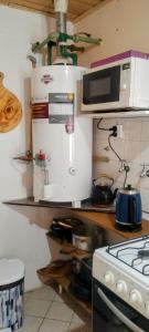 eine Küche mit Herd und Mikrowelle in der Unterkunft Alojamiento FARAH in Caviahue