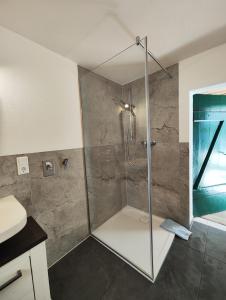 a shower with a glass door in a bathroom at Zimmervermietung Leuba in Ostritz