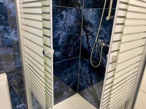 a shower with a glass door in a bathroom at Altstadt-Hotel Gosequell in Goslar +70 photos
