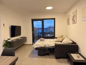 a bedroom with a bed and a television in a room at Apartments Frank in Zambratija