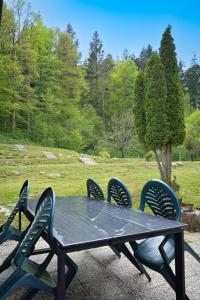 a picnic table with four chairs and a field at Grajska kmetija in Kočevje