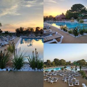a collage of four pictures of a pool with lounge chairs at Mobil-home Premium Côte d'Azur Camping 4 étoiles Saint-Raphaël Piscines Climatisation Vue mer et Parking in Saint-Raphaël +20 photos