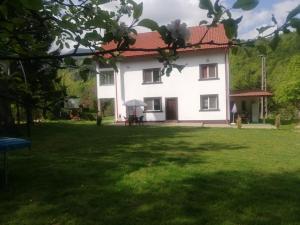 a large white house with a green yard at Vila Roberta Breaza ,BV in Breaza