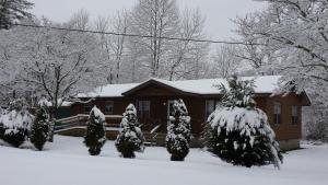 a house covered in snow with trees in front of it at Two Rivers Lodge in Bryson City