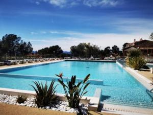 a large blue swimming pool with chairs and plants at Mobil-home Premium Côte d'Azur Camping 4 étoiles Saint-Raphaël Piscines Climatisation Vue mer et Parking in Saint-Raphaël