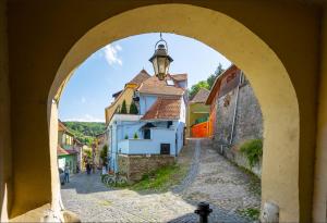 ein Torbogen, der zu einer Straße in einer Stadt führt in der Unterkunft Blue House Citadel Elite Sighisoara in Sighişoara