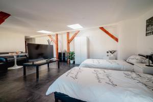 een slaapkamer met twee bedden en een flatscreen-tv bij Moderner Altbau für 3 in Maagdenburg +2 foto's