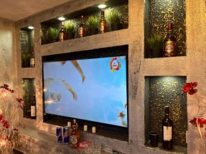 a television in a wall with bottles and plants at HEVİN Otel in Bursa +14 photos