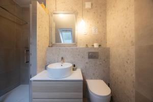 a bathroom with a sink and a toilet and a mirror at Apartma Pehta in Kranjska Gora