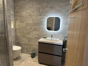 a bathroom with a sink and a toilet and a mirror at The Hideaway At The Busfeild Arms in Bingley +12 photos