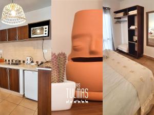 two pictures of a kitchen and a living room at Las Tulmas Apartamentos Salta in Salta