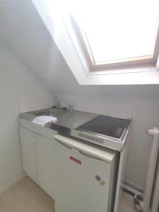 kuchnia z kuchenką i zlewem z oknem dachowym w obiekcie L'essentiel - Appart. Charming in Tours w Tours +4 zdjęcia