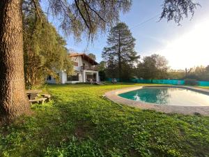 a house with a swimming pool next to a tree at Casa RINCON DEL SOL in Villa la Bolsa