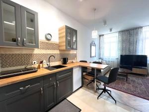 a kitchen with a sink and a counter top at Zamojska Residence Silver Leaf Apartment in Lublin