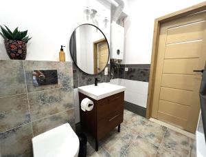 a bathroom with a sink and a mirror and a toilet at Zamojska Residence Silver Leaf Apartment in Lublin
