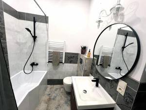 a bathroom with a sink and a toilet and a mirror at Zamojska Residence Silver Leaf Apartment in Lublin